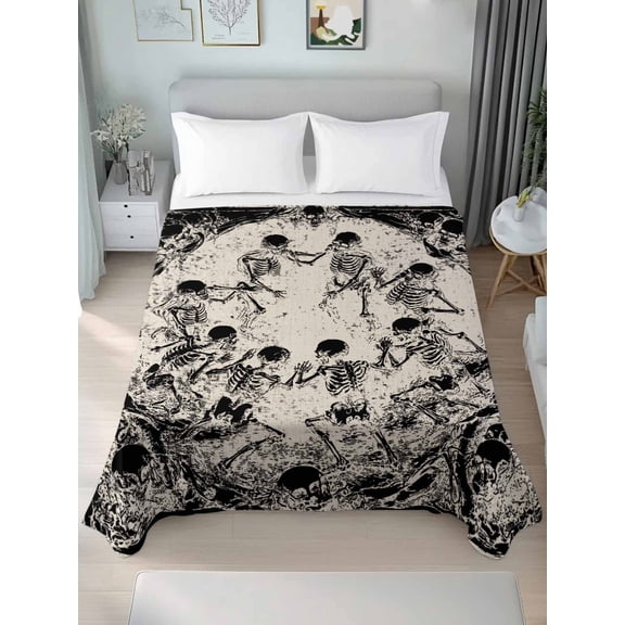 Queen Size Flat Sheet Only,Halloween Horror Black Skeleton Soft Top Bed Sheets Breathable Bedding Sheet Vintage Abstract Skull Microfiber Hotel Luxury Top Sheets