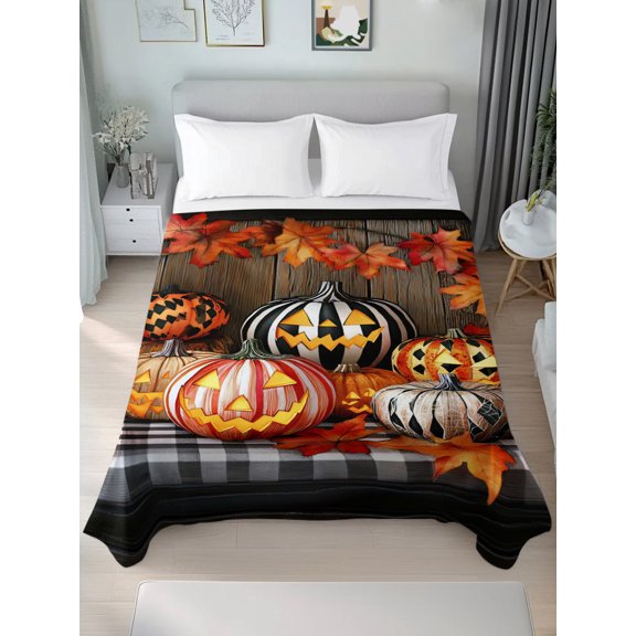 Queen Size Flat Sheet Only,Halloween Pumpkin Ghost Maple Leaf Soft Breathable Top Bedding Sheet Retro Wood Board Microfiber Hotel Luxury Flat Sheets