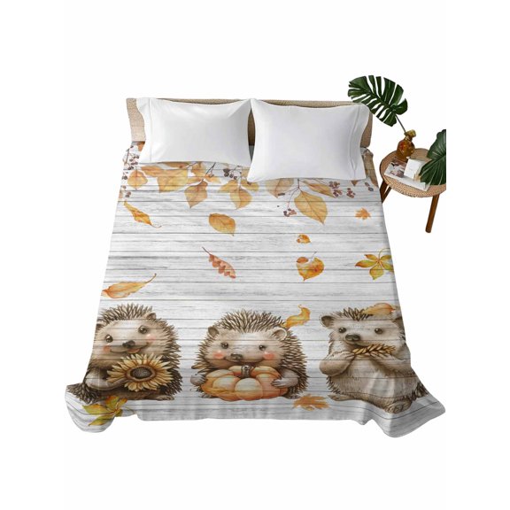 Queen Size Flat Sheet Only, Hedgehog Fall Soft Brushed Microfiber Bed Sheets, Thanksgiving Pumpkins Maple Leaf Wooden Hotel Quality Breathable Bedding Top Sheet, Easy Care, 81"x96"