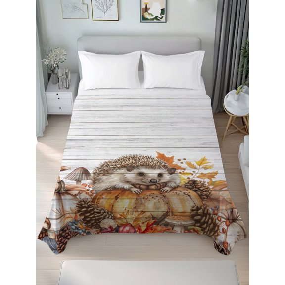 Queen Size Flat Sheet Only,Hedgehog Thanksgiving Pumpkin Fall Pine Cone Soft Top Bed Sheets Breathable Bedding Sheet Farm Vintage Plank Microfiber Hotel Luxury Flat Sheets