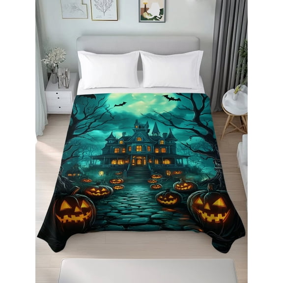 Queen Size Flat Sheet Only,Horror Halloween Haunted Castle Soft Breathable Top Bedding Sheet Pumpkin Ghost Bare Tree Microfiber Hotel Luxury Flat Sheets