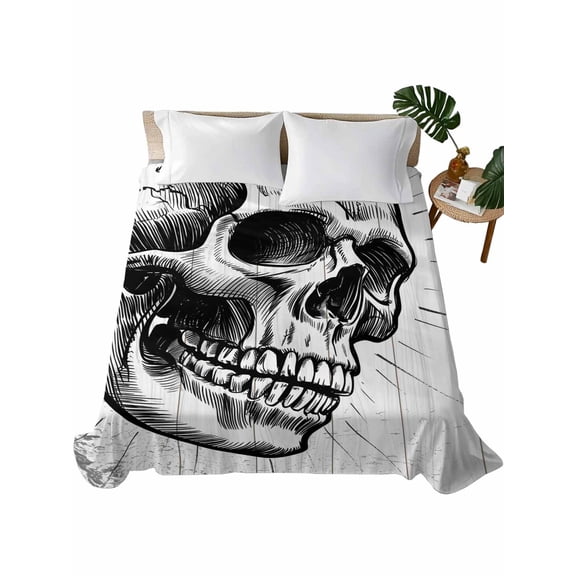 Full Size Flat Sheet Only, Horror Skull Soft Brushed Microfiber Bed Sheets, Black Skeleton Spooky Halloween Hotel Quality Breathable Bedding Top Sheet, Easy Care, 81"x96"
