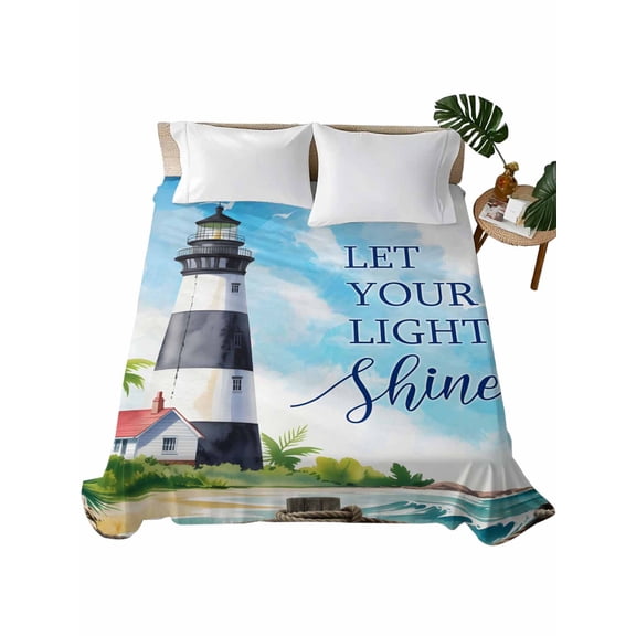 Queen Size Flat Sheet Only, Lighthouse Soft Brushed Microfiber Bed Sheets, Blue Coastal Nautical Ocean Beach Palm Tree Hotel Quality Breathable Bedding Top Sheet, Easy Care, 81"x96"