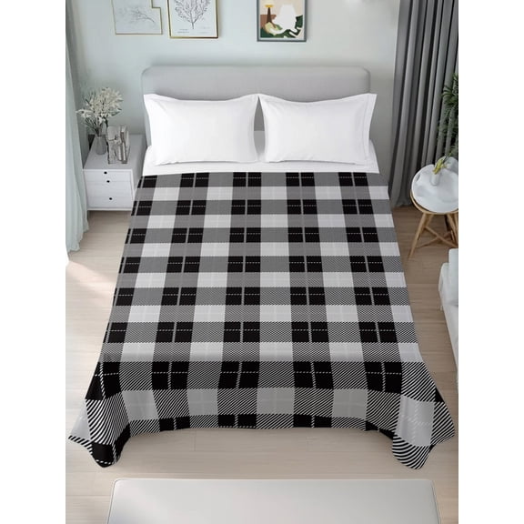 Queen Size Flat Sheet Only,Modern Black White Buffalo Check Soft Top Bed Sheets Breathable Bedding Sheet Classic Plaid Microfiber Hotel Top Sheets