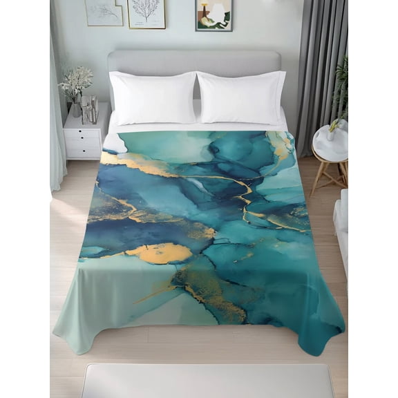 Queen Size Flat Sheet Only,Modern Turquoise Marble Texture Soft Top Bed Sheets Breathable Bedding Sheet Abstract Gold Stripe Microfiber Hotel Top Sheets
