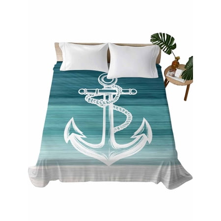 Full Size Flat Sheet Only, Nautical Anchor Teal Green Soft Brushed Microfiber Bed Sheets, Coastal Ocean Ombre Striped Hotel Quality Breathable Bedding Top Sheet, Easy Care, 81"x96"