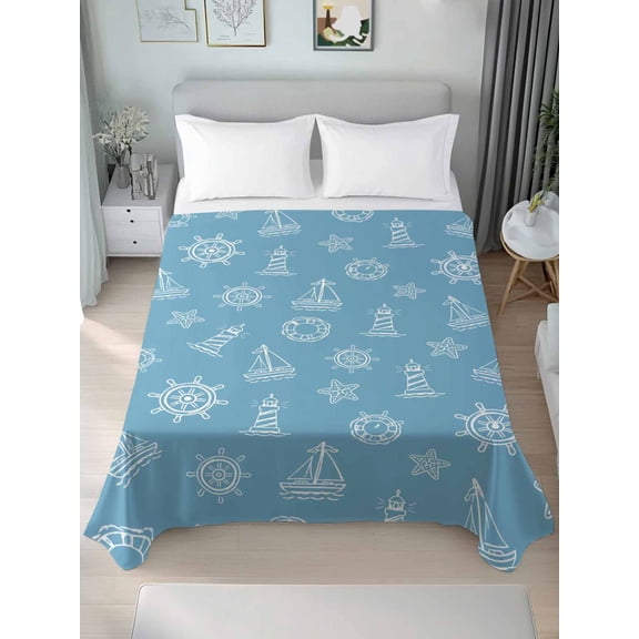 Queen Size Flat Sheet Only,Nautical Compass Sailboat Lighthouse Soft Top Bed Sheets Breathable Bedding Sheet Coastal Ocean Blue Theme Microfiber Hotel Luxury Top Sheets
