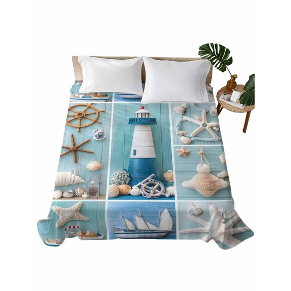 Queen Size Flat Sheet Only, Nautical Lighthouse Soft Brushed Microfiber Bed Sheets, Ocean Starfish Anchor Sailboat Shell Hotel Quality Breathable Bedding Top Sheet, Easy Care, 81"x96"