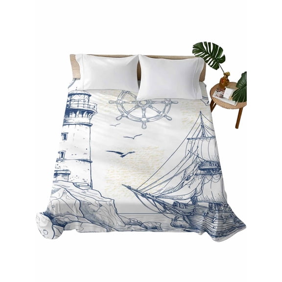 Queen Size Flat Sheet Only, Nautical Ship Lighthouse Soft Brushed Microfiber Bed Sheets, Ocean Anchor Rudder Lines Art Hotel Quality Breathable Bedding Top Sheet, Easy Care, 81"x96"