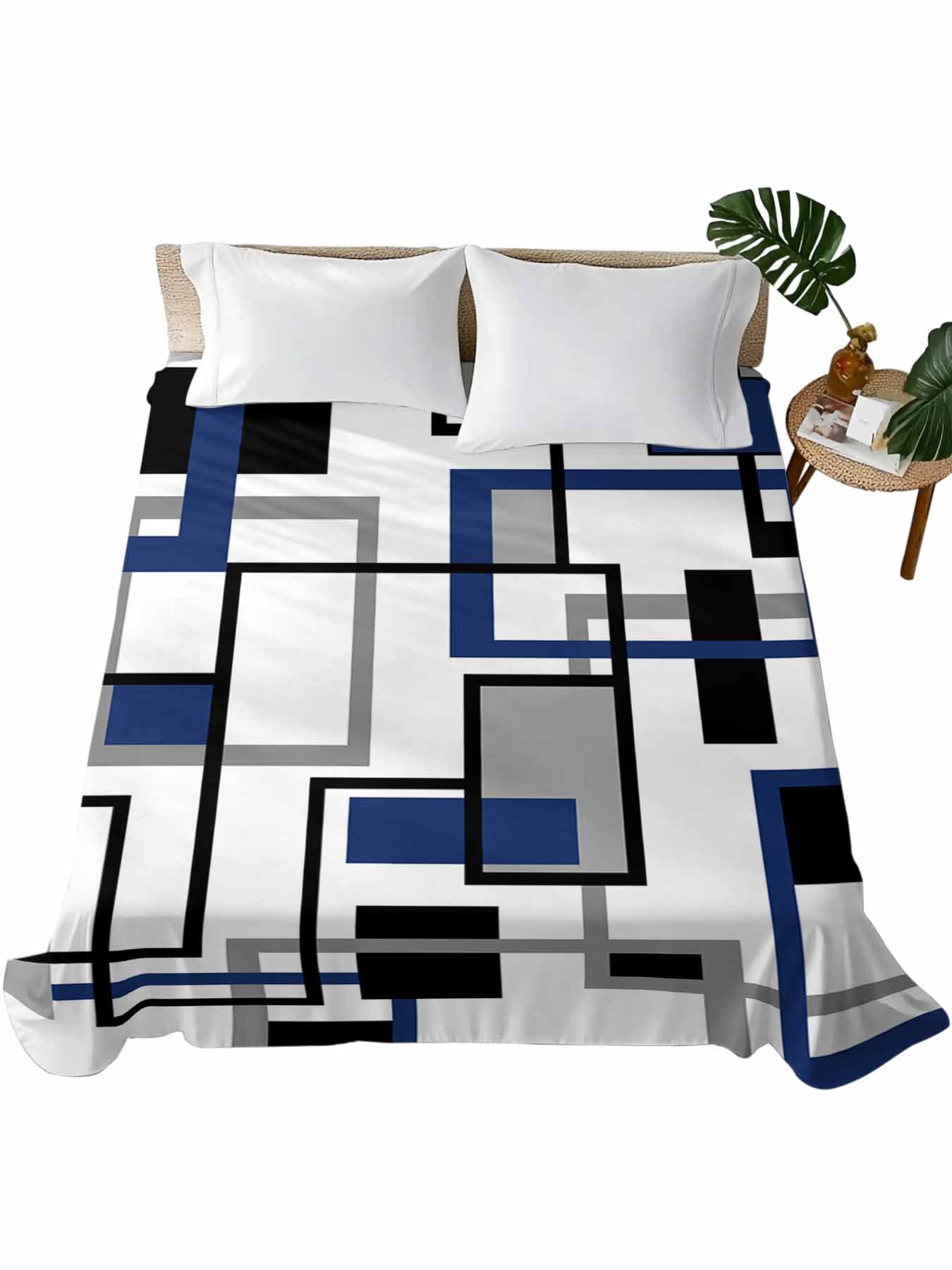 Full Size Flat Sheet Only, Navy Blue Black Grey Geometric Soft Brushed ...
