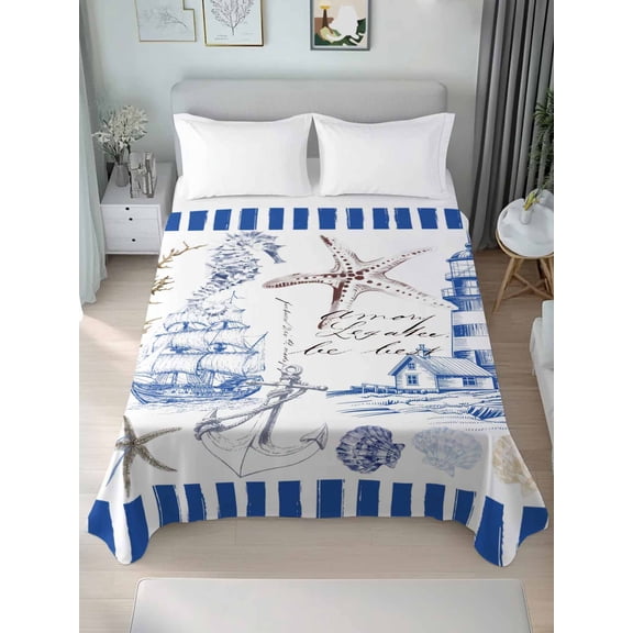 Queen Size Flat Sheet Only, Navy Blue Coastal Soft Brushed Microfiber Bed Sheets, Summer Nautical Lighthouse Starfish Hotel Quality Breathable Bedding Top Sheet, Easy Care, 81"x96"