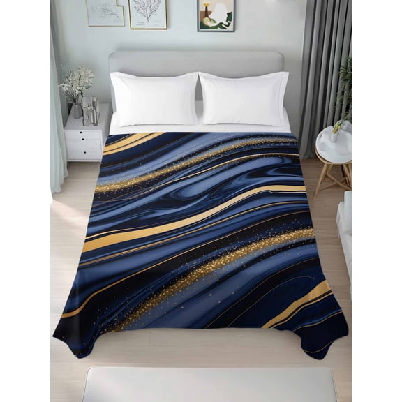 Queen Size Flat Sheet Only, Navy Blue Golden Marble Soft Brushed Microfiber Bed Sheets, Modern Abstract Marble Flow Hotel Quality Breathable Bedding Top Sheet, Easy Care, 81"x96"