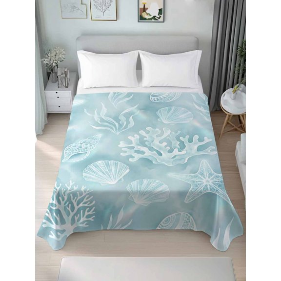 Queen Size Flat Sheet Only,Ocean Coral Starfish Conch Shell Soft Top Bed Sheets Breathable Bedding Sheet Summer Underwater Microfiber Hotel Luxury Top Sheets