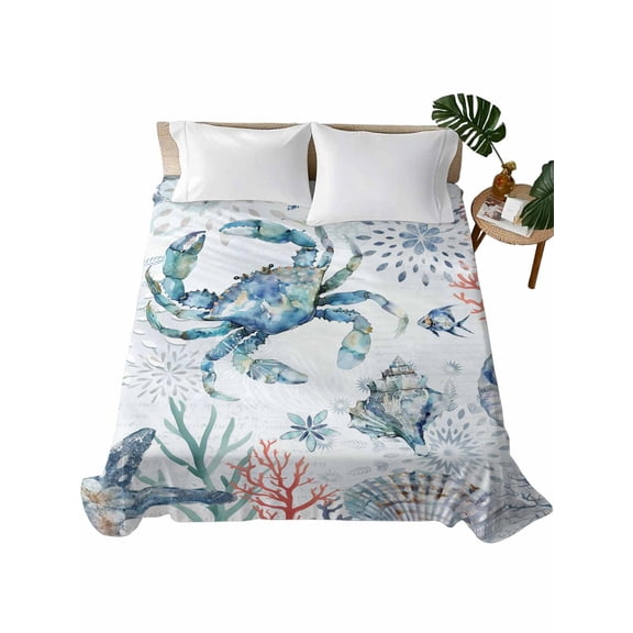 Full Size Flat Sheet Only, Ocean Crab Soft Brushed Microfiber Bed Sheets, Summer Coastal Coral Flower Shells Hotel Quality Breathable Bedding Top Sheet, Easy Care, 81"x96"