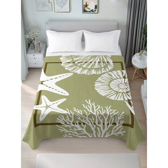 Queen Size Flat Sheet Only,Ocean Starfish Coral Shell Conch Soft Top Bed Sheets Breathable Bedding Sheet Summer Marine Life Sage Green Microfiber Hotel Luxury Top Sheets