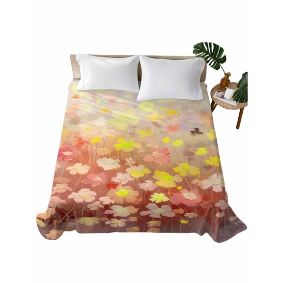Queen Size Flat Sheet Only, Orange Spring Floral Soft Brushed Microfiber Bed Sheets, Modern Oil Painted Daisy Botanical Hotel Quality Breathable Bedding Top Sheet, Easy Care, 81"x96"