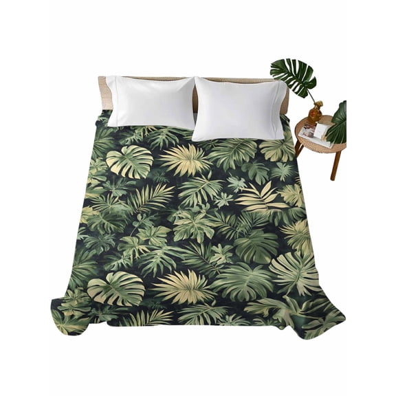 Queen Size Flat Sheet Only, Palm Tree Leaves Soft Brushed Microfiber Bed Sheets, Summer Tropical Green Botanical Hotel Quality Breathable Bedding Top Sheet, Easy Care, 81"x96"