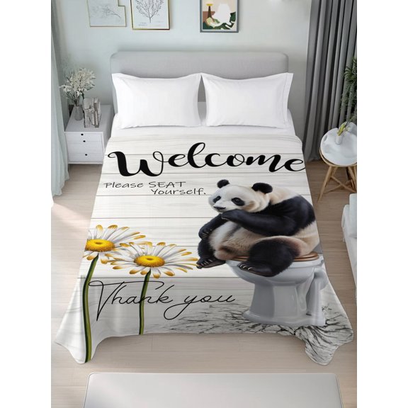 Queen Size Flat Sheet Only,Panda Sitting on The Toilet Soft Top Bed Sheets Breathable Bedding Sheet Farm Flower Retro Wood Grain Microfiber Hotel Luxury Top Sheets