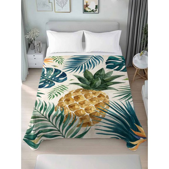 Queen Size Flat Sheet Only,Pineapple Monstera Leaf Green Leaves Soft Top Bed Sheets Breathable Bedding Sheet Tropical Fruit Microfiber Hotel Luxury Top Sheets