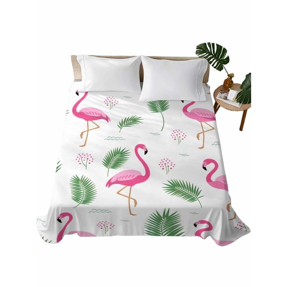 Full Size Flat Sheet Only, Pink Flamingos Soft Brushed Microfiber Bed Sheets, Summer Green Tropical Palm Leaves Hotel Quality Breathable Bedding Top Sheet, Easy Care, 81"x96"
