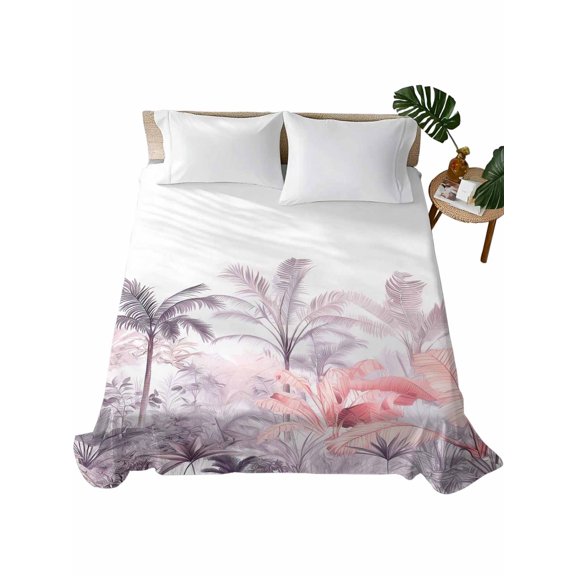 Queen Size Flat Sheet Only, Pink Palm Tree Soft Brushed Microfiber Bed Sheets, Forest Tropical Plants Flower Leaf Hotel Quality Breathable Bedding Top Sheet, Easy Care, 81"x96"