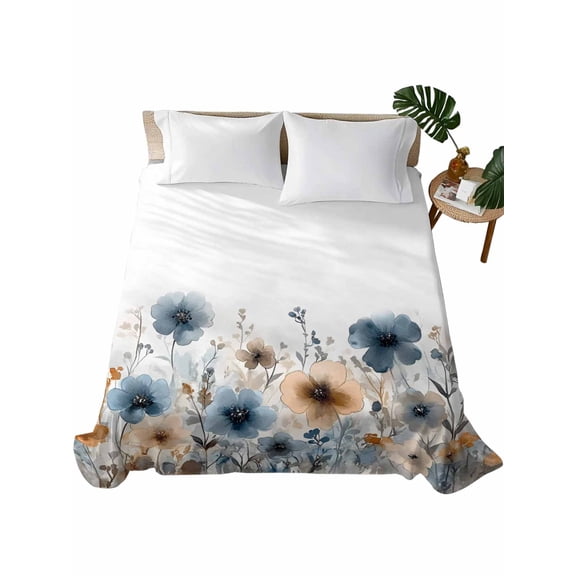 Full Size Flat Sheet Only, Poppies Floral Soft Brushed Microfiber Bed Sheets, Spring Botanical Flowers Summer Hotel Quality Breathable Bedding Top Sheet, Easy Care, 81"x96"
