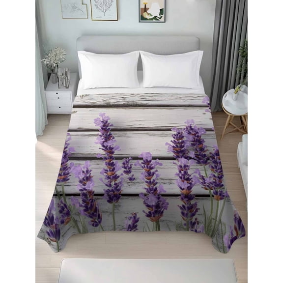 Queen Size Flat Sheet Only,Purple Lavender Flower Soft Top Bed Sheets Breathable Bedding Sheet Retro Wooden Board Microfiber Hotel Top Sheets
