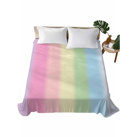 Full Size Flat Sheet Only, Rainbow Stripes Soft Brushed Microfiber Bed Sheets, Modern Colorful Cream Striped Aesthetics Hotel Quality Breathable Bedding Top Sheet, Easy Care, 81"x96"