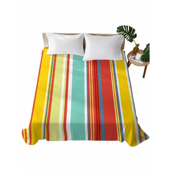 Full Size Flat Sheet Only, Red Aqua Stripe Soft Brushed Microfiber Bed Sheets, Country Abstract Art Colorful Striped Hotel Quality Breathable Bedding Top Sheet, Easy Care, 81"x96"