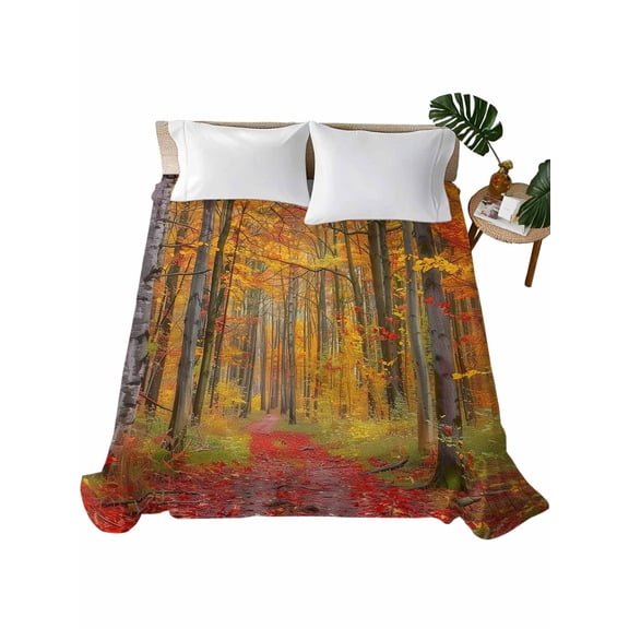 Full Size Flat Sheet Only, Red Orange Forest Fall Soft Brushed Microfiber Bed Sheets, Thanksgiving Tree Maple Leaf Hotel Quality Breathable Bedding Top Sheet, Easy Care, 81"x96"