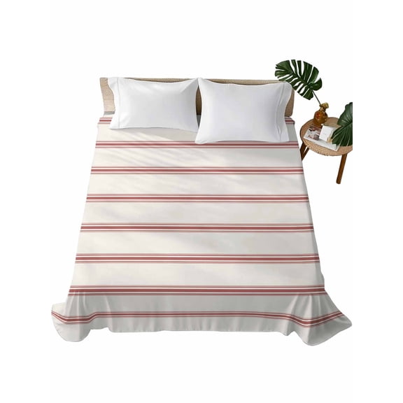 Full Size Flat Sheet Only, Red Striped Soft Brushed Microfiber Bed Sheets, Rustic Red Stripe Modern Art Beige Hotel Quality Breathable Bedding Top Sheet, Easy Care, 81"x96"
