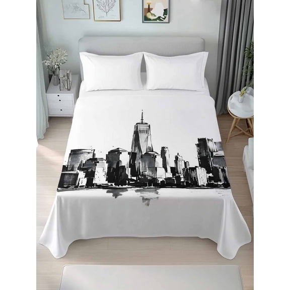 Queen Size Flat Sheet Only,Retro Ink Style Building Sketch Soft Top Bed Sheets Breathable Bedding Sheet Urban Skyscraper Texture Microfiber Hotel Top Sheets