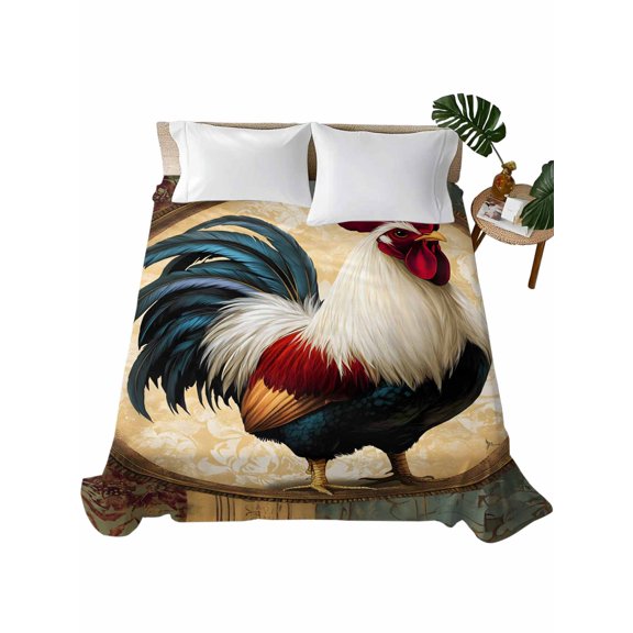 Queen Size Flat Sheet Only, Rooster Soft Brushed Microfiber Bed Sheets, Vintage Rustic Farmhouse Style Oil Painting Hotel Quality Breathable Bedding Top Sheet, Easy Care, 81"x96"