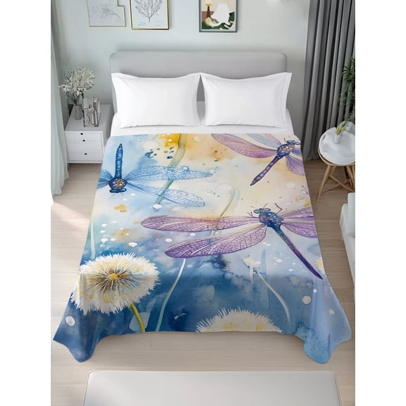 Queen Size Flat Sheet Only,Rural Dragonfly Wild Flower Soft Top Bed Sheets Breathable Bedding Sheet Modern Watercolor Art Microfiber Hotel Top Sheets