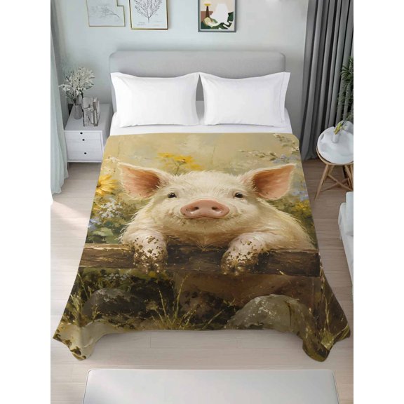 Queen Size Flat Sheet Only,Rural Landscape Pig Soft Top Bed Sheets Breathable Bedding Sheet Wooden Fence Yellow Flowers Microfiber Hotel Luxury Top Sheets