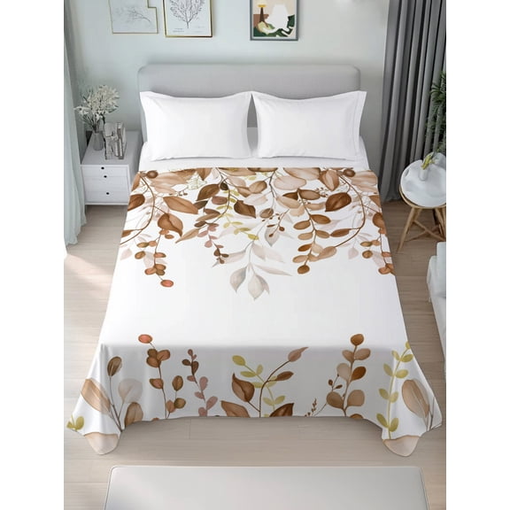 Queen Size Flat Sheet Only,Rustic Caramel Eucalyptus Leaf Soft Breathable Top Bedding Sheets Vintage Watercolor Leaves Microfiber Hotel Flat Sheets