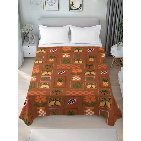 Queen Size Flat Sheet Only,Rustic Lemon Flower Leaves Pineapple Soft Top Bed Sheets Breathable Bedding Sheet Farm Fruit on Red Microfiber Hotel Luxury Top Sheets