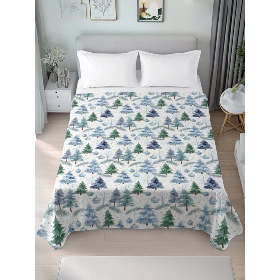 Queen Size Flat Sheet Only,Rustic Pine Tree Seamless Soft Breathable Top Bedding Sheets Winter Blue Green Christmas Trees Microfiber Hotel Luxury Flat Sheets