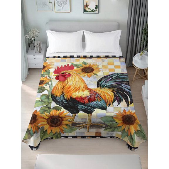 Queen Size Flat Sheet Only,Rustic Rooster Sunflower Leaves Soft Top Bed Sheets Breathable Bedding Sheet Abstract Plaid Blossom Floral Microfiber Hotel Top Sheets