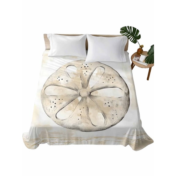 Queen Size Flat Sheet Only, Sand Dollar Coastal Soft Brushed Microfiber Bed Sheets, Summer Beach Beige Ocean Hotel Quality Breathable Bedding Top Sheet, Easy Care, 81"x96"