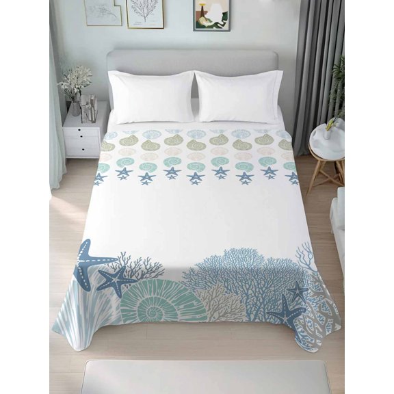 Queen Size Flat Sheet Only,Sea Shell Conch Starfish Coral Soft Top Bed Sheets Breathable Bedding Sheet Watercolor Ocean Theme Microfiber Hotel Luxury Top Sheets