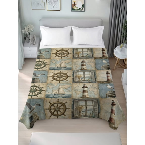 Queen Size Flat Sheet Only,Seagull Compass Lighthouse Sailboat Soft Top Bed Sheets Breathable Bedding Sheet Vintage Nautical Ocean Theme Microfiber Hotel Luxury Top Sheets