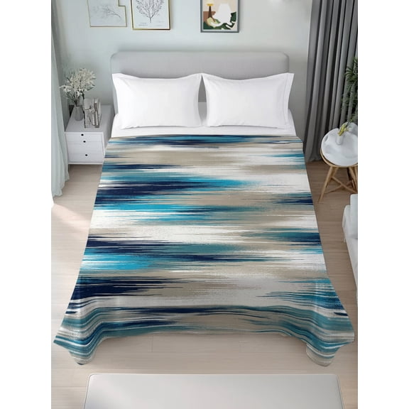 Queen Size Flat Sheet Only,Slate Blue Sand Striped Soft Top Bed Sheets Breathable Bedding Sheet Abstract Geometric Art Microfiber Hotel Luxury Top Sheets