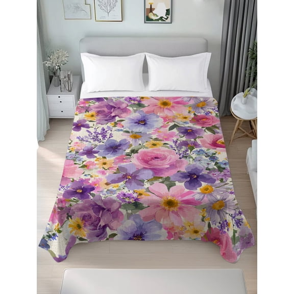 Queen Size Flat Sheet Only,Spring Blossom Colorful Flower Soft Top Bed Sheets Breathable Bedding Sheet Watercolor Seamless Floral Flax Microfiber Hotel Luxury Top Sheets