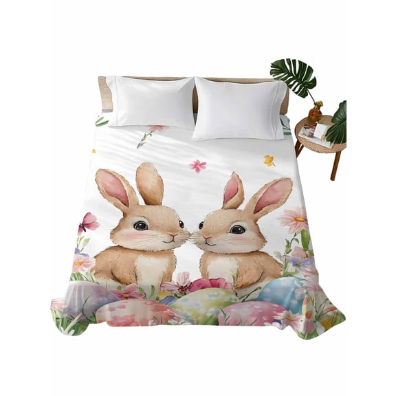 Full Size Flat Sheet Only, Spring Bunny Easter Soft Brushed Microfiber Bed Sheets, Floral Botanical Colorful Eggs Hotel Quality Breathable Bedding Top Sheet, Easy Care, 81"x96"