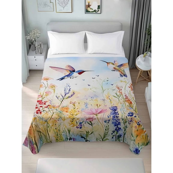 Full Size Flat Sheet Only, Spring Floral Soft Brushed Microfiber Bed Sheets, Pastoral Rustic Hummingbird Botanical Hotel Quality Breathable Bedding Top Sheet, Easy Care, 81"x96"