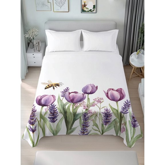 Queen Size Flat Sheet Only,Spring Pastoral Purple Flower Bee on White Soft Top Bed Sheets Breathable Bedding Sheet Watercolor Floral Microfiber Hotel Luxury Top Sheets