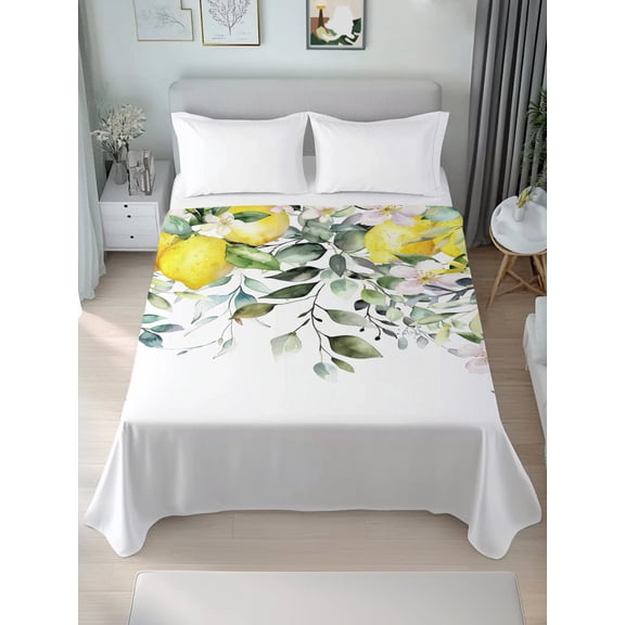 Queen Size Flat Sheet Only,Spring Watercolor Lemon Flower Soft Top Bed Sheets Breathable Bedding Sheet Green Leaves Floral on White Microfiber Hotel Luxury Top Sheets