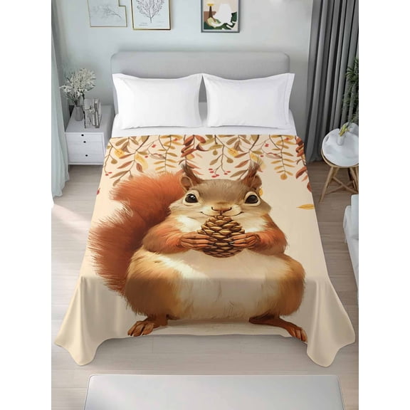 Queen Size Flat Sheet Only,Squirrel Pine Cone Fall Thanksgiving Soft Top Bed Sheets Breathable Bedding Sheet Orange Fallen Leaves Microfiber Hotel Luxury Top Sheets
