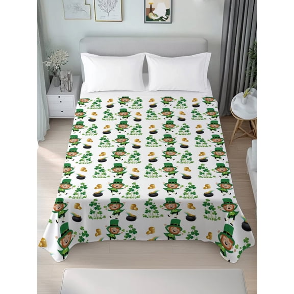 Queen Size Flat Sheet Only,St. Patrick Lucky Clovers Leaf Irish Leprechaun Elf Soft Top Bed Sheets Breathable Bedding Sheet Rainbow Microfiber Hotel Luxury Top Sheets